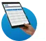 tablet held in hand above blue circle