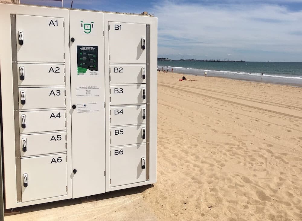 Personal storage lockers on a beach