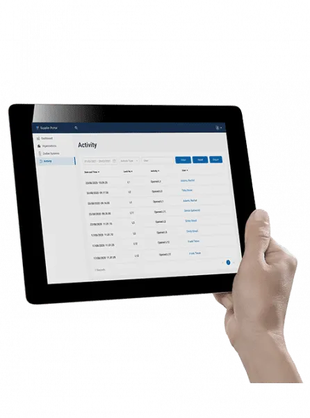 Tablet screen showing an activity log for locks used or accessed on the live web managed system from Lowe & Fletcher