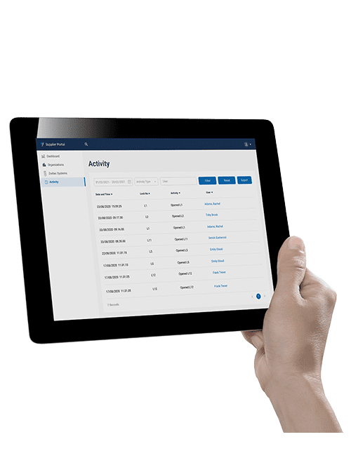 Tablet screen showing an activity log for locks used or accessed on the live web managed system from Lowe & Fletcher