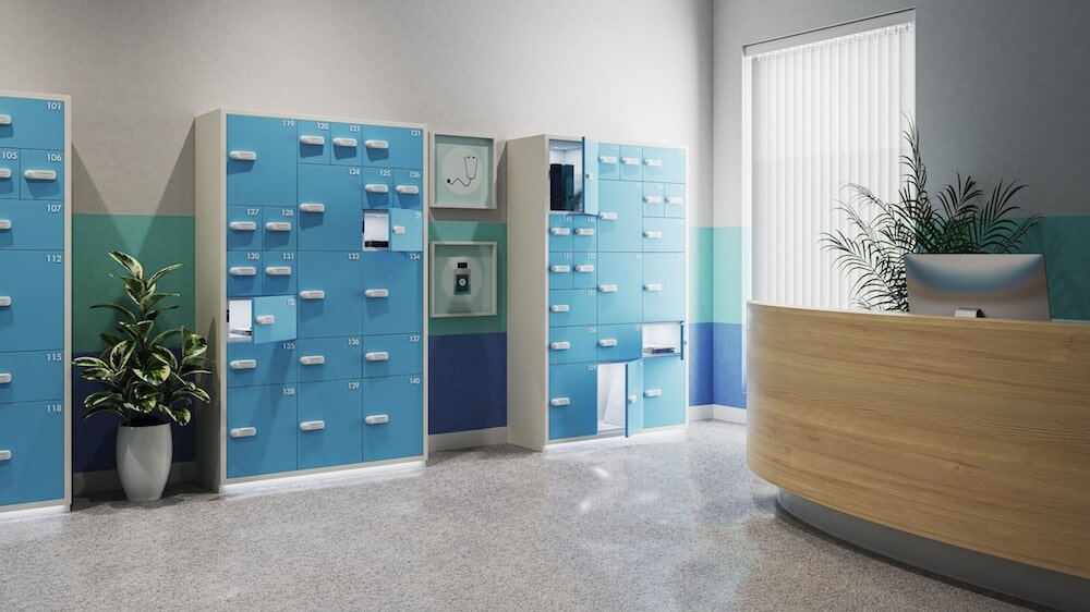 Nimbus digital combination locks installed on parcel and drop-off lockers in a hospital reception area